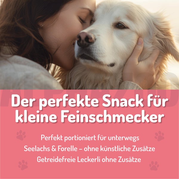 Frau umarmt liebevoll ihren Hund, Produktinformationen für Hundesnacks eingeblendet
