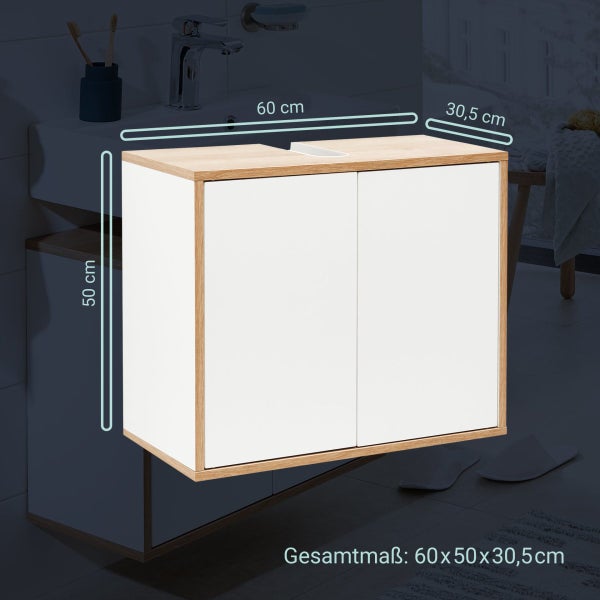 FACKELMANN FINN Badmöbel Set 2 Teile / Waschbecken / Waschbeckenunterschrank mit 2 Türen / Badschrank mit Push-to-Open / Korpus & Front: Weiß / Rahmendekor & Füße: Braun hell / Breite: 60 cm