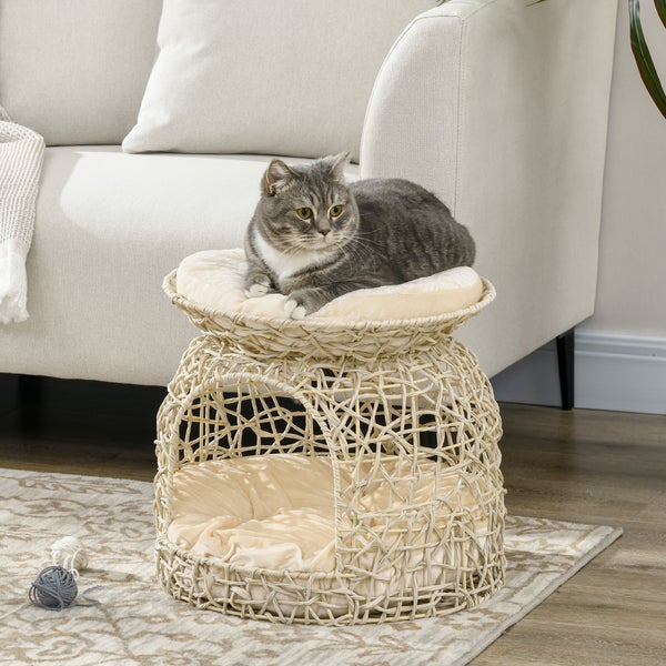 PawHut Katzenhaus aus Rattan, 42 x 42 x 40 cm, PE Rattan, Beige