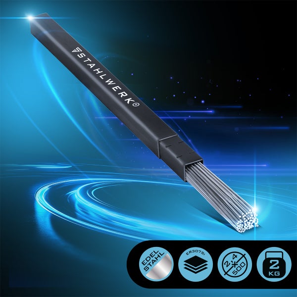 Produktbild mit Informationen zu hoher Schweißnahtqualität, stabilem Lichtbogen, ausgezeichnetem Schmelzbad, längerer Standzeit, Porenfreiheit und universeller Einsetzbarkeit.