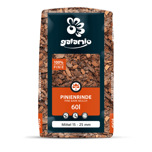 Galomio Pinienrinde 60 Liter, Mittel 15-25 mm, in einer Verpackung mit einem Haufen loser Rinde