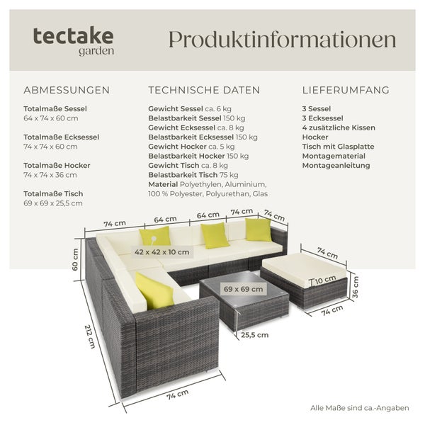 Rattan Lounge tectake Marbella mit Sicherheitsglasplatte mit Aluminiumgestell grau