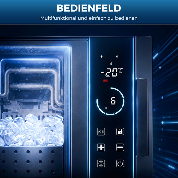 Digitales Bedienfeld einer Eismaschine mit Anzeige von minus 20 Grad Celsius neben einem Fach mit Eiswürfeln und Kühlschlangen.
