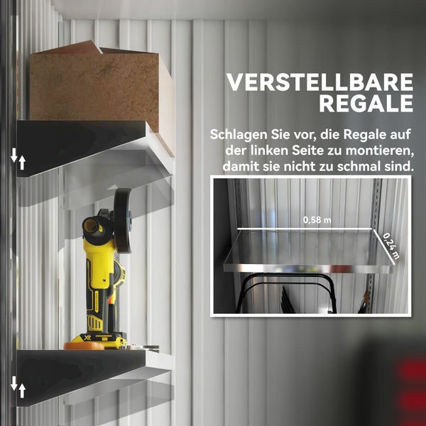 Verstellbare Regale für Gerätehaus mit Karton und Winkelschleifer, Darstellung der Höhenverstellbarkeit und Maße 0,58 Meter mal 0,24 Meter.