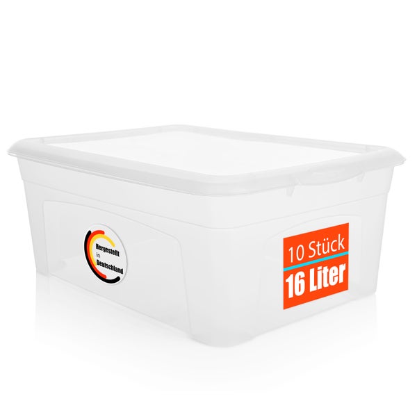 BigDean 10 Stück Aufbewahrungsbox mit Deckel 16L robust & stapelbar aus lebensmittelechtem Kunststoff – Plastikbox transparent Made in Germany