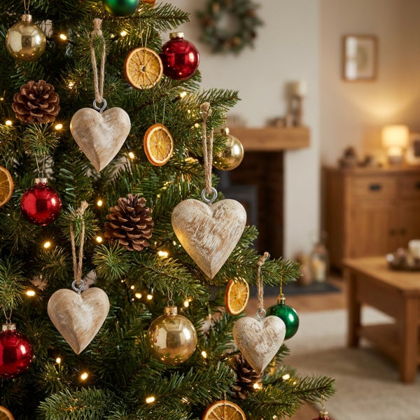 Geschmückter Weihnachtsbaum mit Holzherz Anhängern, Weihnachtskugeln, getrockneten Orangenscheiben und Tannenzapfen in einem gemütlichen Wohnzimmer.