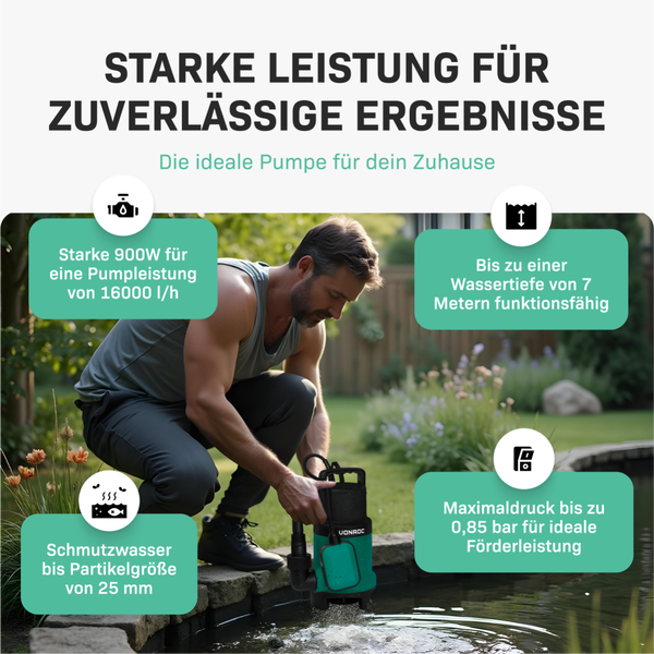 VONROC Tauchpumpe Schmutzwasserpumpe - Wasserpumpe für Schmutzwasser Keller - Gartenpumpe für sauberes oder leicht verschmutztes Wasser mit Schwimmer (900W - 1600l/h)