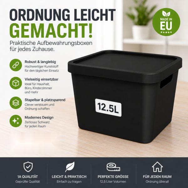 Stapelbare Aufbewahrungsbox aus Kunststoff mit 12,5 Litern Volumen fuer Haushalt und Buero inklusive Made in European Union Guetesiegel.