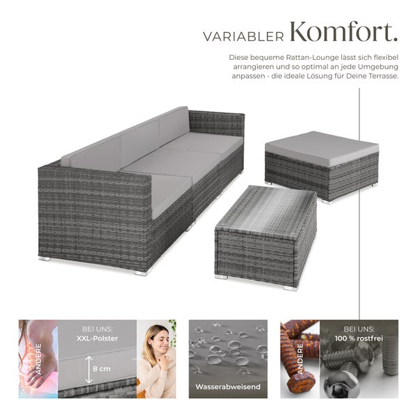Rattan Lounge tectake Florenz mit Sicherheitsglasplatte für 3 bis 4 Personen grau