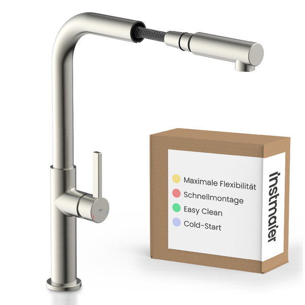 Küchenarmatur mit herausziehbarer Brause und Produktverpackung