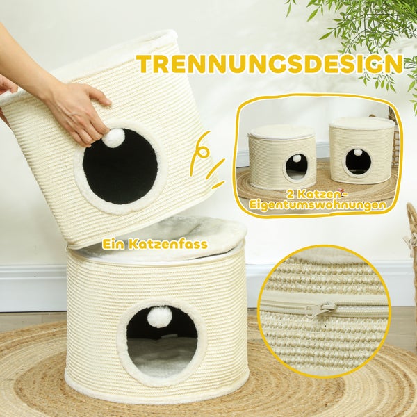 PawHut Kratztonne, 69 cm Hoch, Teilbare Katzentonne, Katzenturm mit 2 Höhle, Spielball, Katzenturm, Kratzbaum für Katzen bis 5 kg, Cremeweiß