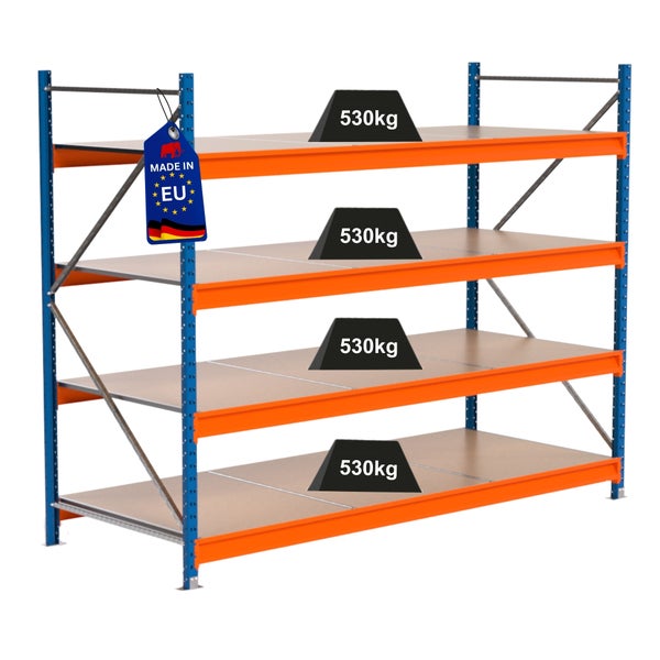 Lagerregal mit vier Ebenen und einer Traglast von 530 Kilogramm pro Ebene. Produkt hergestellt in der EU.