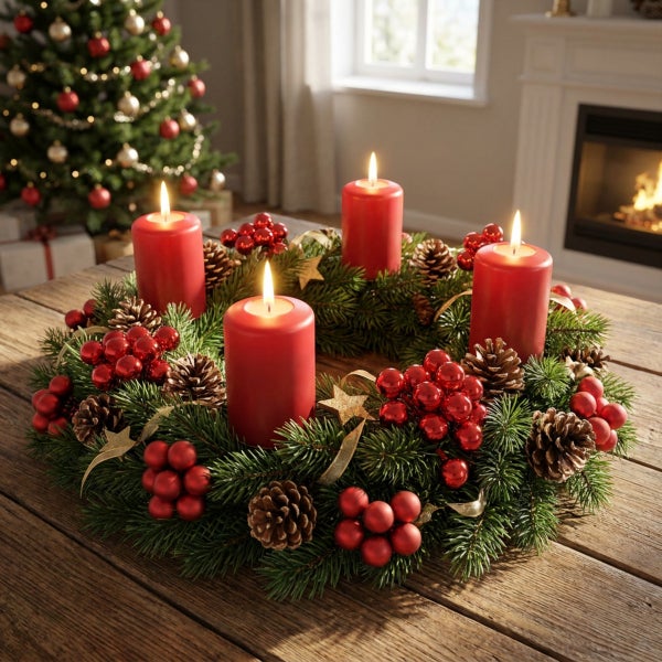 Adventskranz mit vier brennenden Kerzen, verziert mit Tannenzweigen, Zapfen und Weihnachtsschmuck auf einem Holztisch vor einem Kamin.