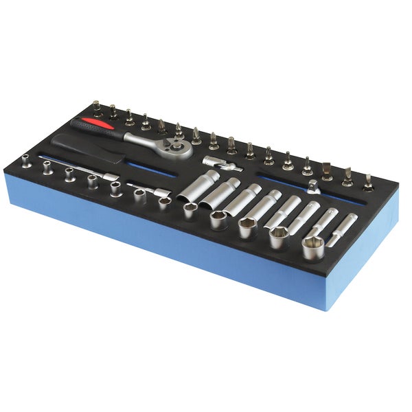 PROREGAL Werkzeug Satz Werkstattwagen Cheetah Steckschlüssel Garnitur 1/4 42 Teile mit Schaumstoff Schubladeneinlage HxBxT 4,6 x 34 x 12,5 cm