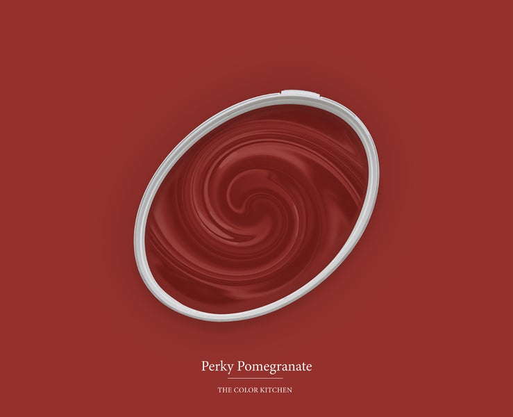 Innenfarbe The Color Kitchen Perky Pomegranate, dunkelrote Wandfarbe in einem ovalen Farbeimer mit einem Wirbelmuster.