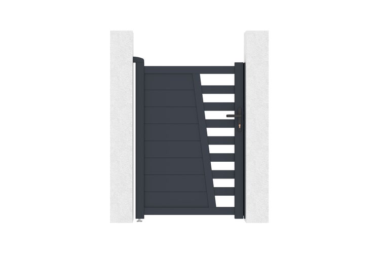 Modernes einflügeliges Gartentor aus Aluminium in Anthrazit mit horizontalen Lamellen, asymmetrischem Design, Drückergarnitur und Schloss.