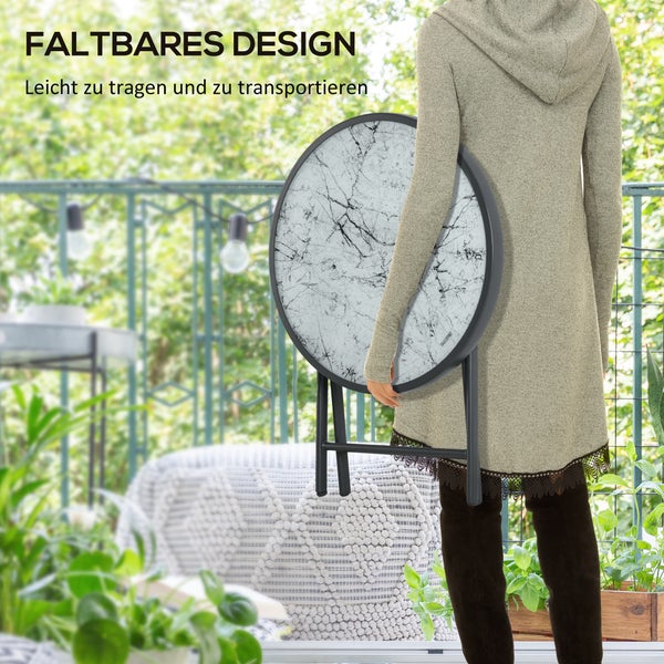 Outsunny Beistelltisch klappbar, Klapptisch aus Glas mit Marmoroptik, kleiner Campingtisch, runder Sofatisch Balkontisch für Balkon Terrasse Wohnzimmer Büro, 45 x 45 x 50 cm, Weiß