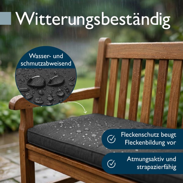 Witterungsbeständige Gartenbank-Auflage mit wasser- und schmutzabweisender Oberfläche, atmungsaktiv und strapazierfähig.