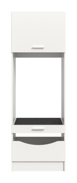 Weißer Waschmaschinenschrank mit Oberschrank, ausziehbarer Ablage und unterer Schublade für Waschmaschine oder Trockner.