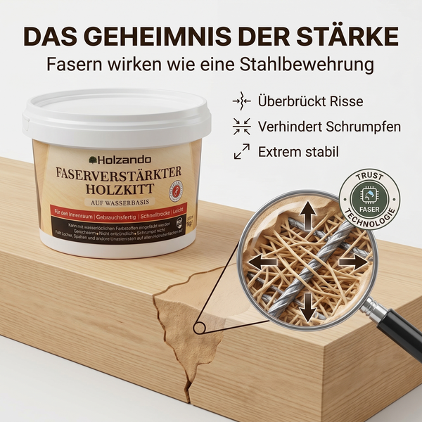 Holzando faserverstärkter Holzkitt auf Wasserbasis für innen, überbrückt Risse, Detailansicht der stabilen Faserstruktur, Holzando Logo.