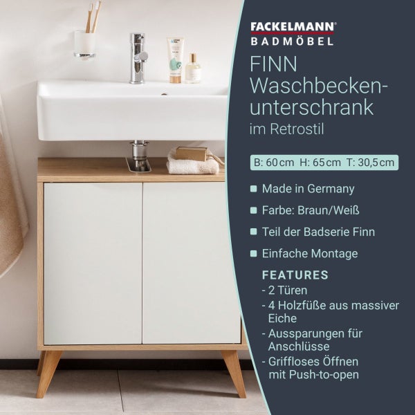 FACKELMANN FINN Badmöbel Set 2 Teile / Waschbeckenunterschrank mit Push-to-Open / 4 Holzfüße / Badschrank mit 2 Türen / Korpus & Front: Weiß / Rahmendekor & Füße: Braun hell / Breite: 60 cm
