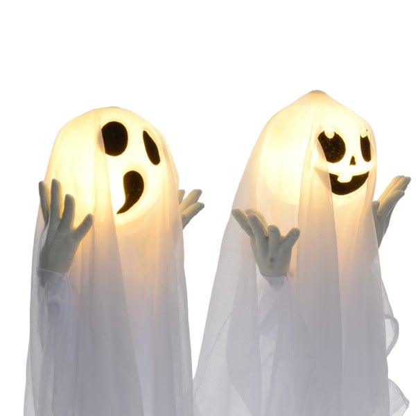 HOMCOM 60cm 3er-Set Halloween Dekoration Halloween-Geister-Hofpfählen mit LED-Lichter verstellbare Arme Halloween-Außendekoration für Rasen, Garten Stahl, Weiß