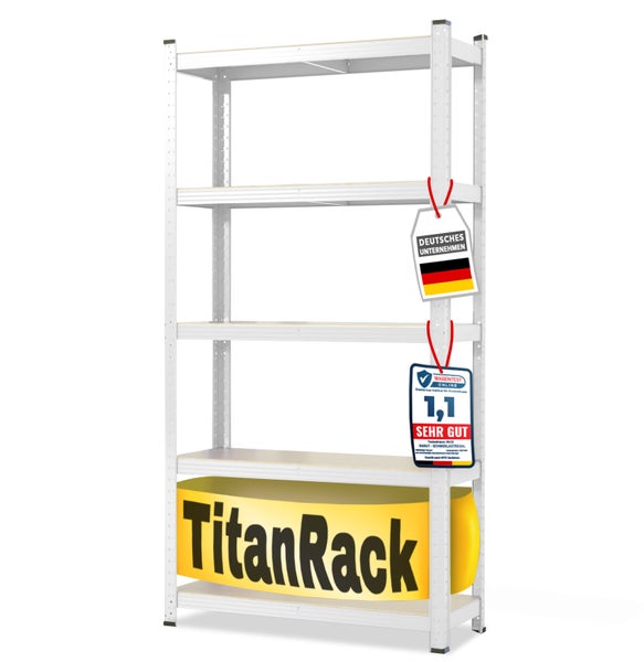 Schwerlastregal aus Metall mit fünf Fachböden, TitanRack Logo, deutsches Unternehmen, Bewertung sehr gut von Warentest Online.