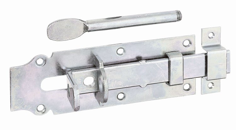 Ein verzinkter Bolzenriegel mit einem separaten Steckbolzen zur Sicherung von Türen und Toren.