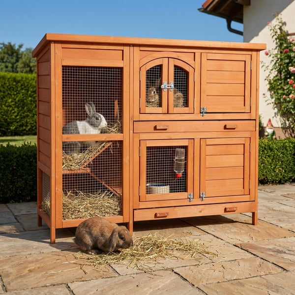 Heller, zweistöckiger Kaninchenstall aus Holz mit verschiedenen Abteilen, Gittertüren und Heu, im Außenbereich auf einer Steinterrasse.