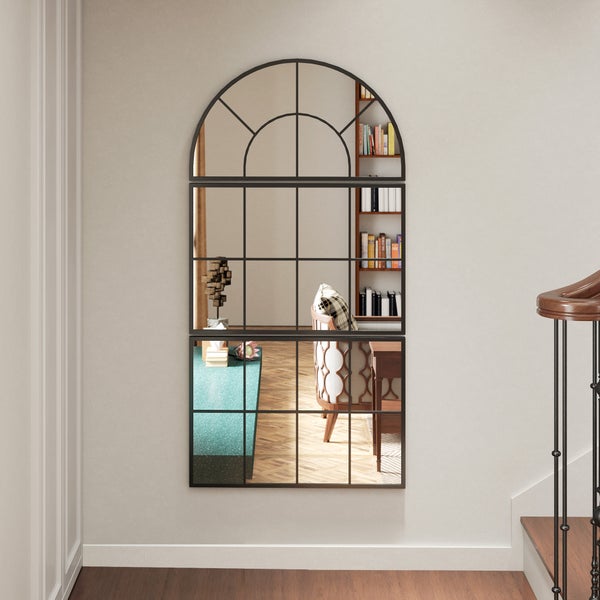 HOMCOM Wandspiegel dreiteilig, bogenförmiger Spiegel mit Metallrahmen, dekorative Fensterspiegel, Hängespiegel für Badezimmer Wohnzimmer Schwarz