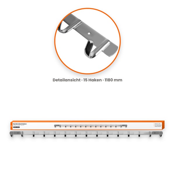 Garderobenhakenleiste aus Edelstahl mit 15 Haken, 1180 Millimeter lang, inklusive Abdeckkappen und Montagezubehör.