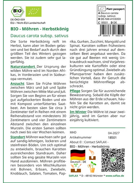 SAFLAX Garden to go - BIO - Möhren - Herbstkönig - Daucus carota subsp. sativus - 1000 Samen - Mit Topf, Klima - Deckel und Anzuchtsubstrat