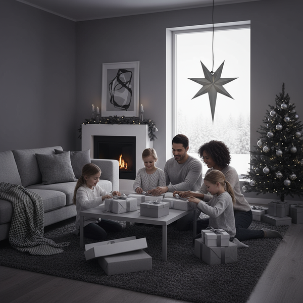 Familie beim Verpacken von Geschenken im Wohnzimmer mit Kamin und Weihnachtsbaum