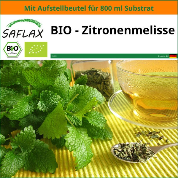 SAFLAX Garden in the bag - BIO - Zitronenmelisse - Melissa officinalis - 1000 Samen - Mit Anzuchtsubstrat im praktischen, selbst aufstellenden Beutel