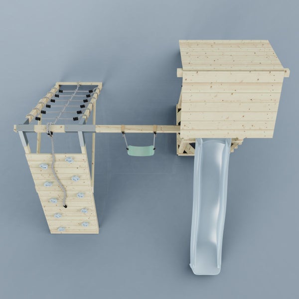 Spielturm mit Rutsche, Schaukel, Kletterwand und Kletternetz