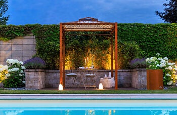 Pavillon ELEO Meran 2 x 2 m unbeschichtet - Edelrost | und Sonnensegel ecru