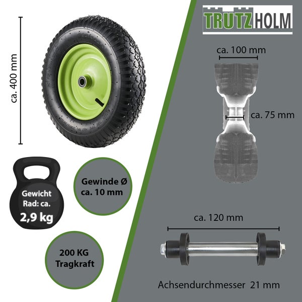 Trutzholm Schubkarrenrad mit Luftbereifung 400 Millimeter Durchmesser, Tragkraft 200 Kilogramm, inklusive Achse und Montagematerial.