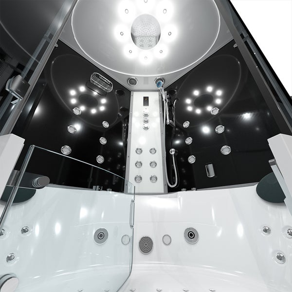 Moderne Duschkabine mit Whirlpool-Badewanne, Massagedüsen, Regenduschkopf, LED-Beleuchtung und schwarzen Rückwänden.