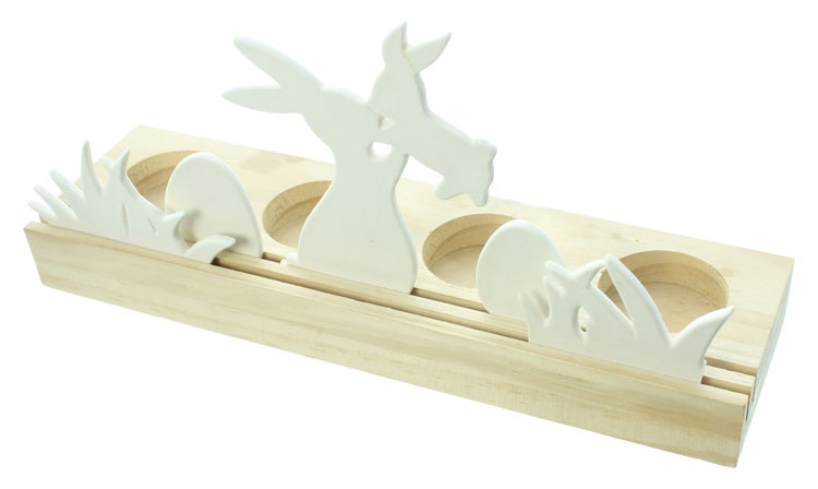 FRANK FLECHTWAREN | Teelichthalter Osterwiese, 6tlg., HOLZ, PORZELLAN, 28 x 8 x 12 cm