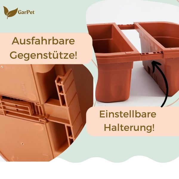 GarPet Logo, Pflanzkasten mit ausfahrbarer Gegenstütze und einstellbarer Halterung