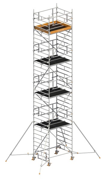 Fahrgerüst mit mehreren Ebenen und Layher Logo