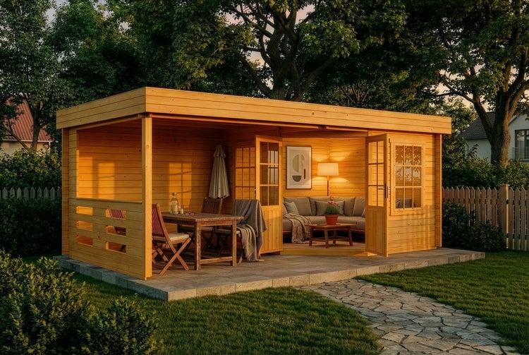 Helles, modernes Gartenhaus aus Holz mit Flachdach, offenem Terrassenbereich mit Sitzgruppe und verglastem Innenraum mit Sofa.