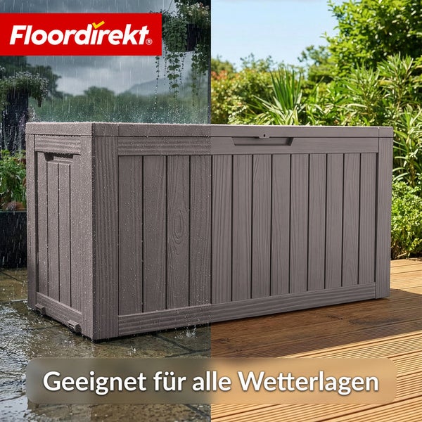 Graue Gartenbox aus Kunststoff mit Holzoptik, geeignet für alle Wetterlagen