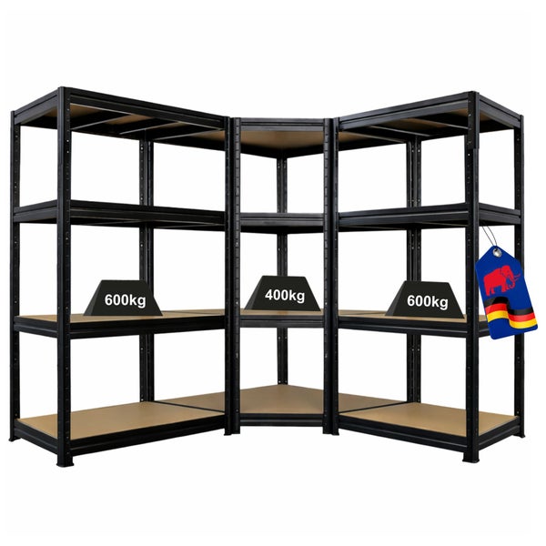 Eckregal aus Metall und Holz in Schwarz, 4 Fachböden, Traglast 600 und 400 Kilogramm, Siegel Hergestellt in Deutschland, Schulte Regalwelt Logo.