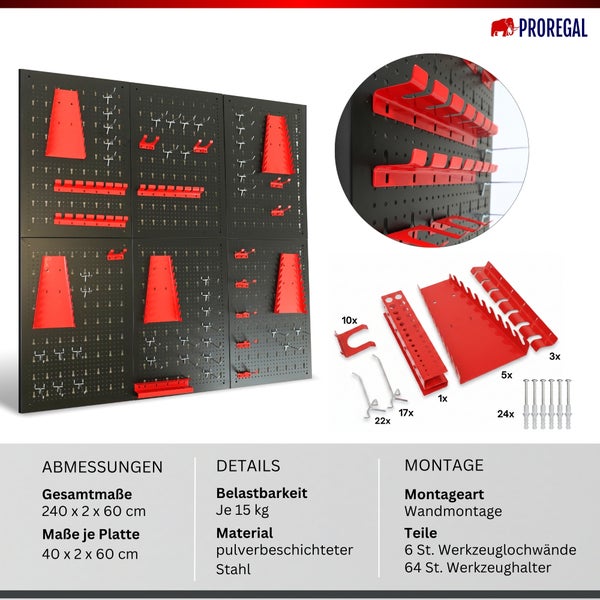 Proregal Werkzeuglochwand Set aus pulverbeschichtetem Stahl, 6 Platten 240 x 60 cm mit 64-teiligem Werkzeughalter-Set für die Wandmontage.