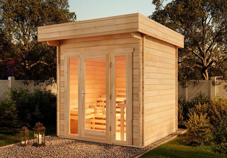 FinnTherm Saunahaus Lupoa-44 Gartensauna 3 Sitzbänke aus Holz, Sauna mit 44 mm Wandstärke, Außensauna, Naturbelassen 2,6x2,9m