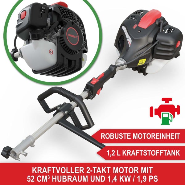 Robuste Zweitakt-Motoreinheit mit 52 Kubikzentimeter Hubraum, 1,4 Kilowatt Leistung und einem 1,2 Liter Kraftstofftank.