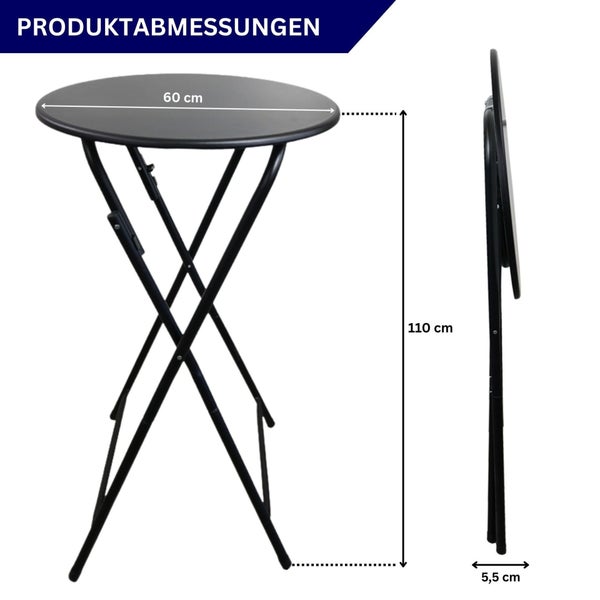 Abbildung eines schwarzen Klapptisches mit den Produktabmessungen.