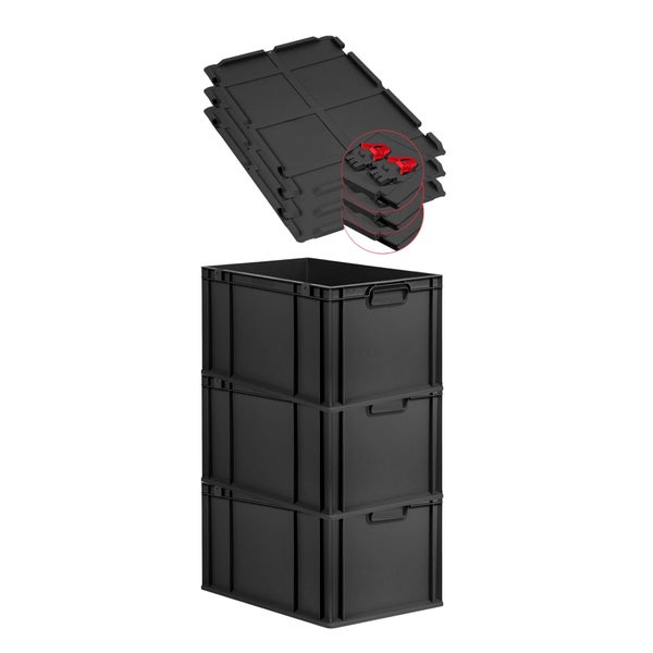 PROREGAL SuperSparSet 3x Eurobox NextGen Grip mit Scharnierdeckel und roten Schiebeschnappverschlüssen, HxBxT 32x40x60cm, 65 Liter, Schwarz, Griffe geschlossen, Verstärkter Boden, Eurobehälter, Transportbox, Transportbehälter, Stapelbehälter