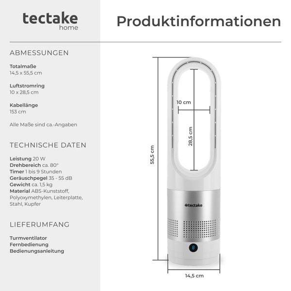 Turmventilator tectake Polar 14,5 x 55,5 cm, inklusive Fernbedienung 80° Oszillation, 20 W weiß